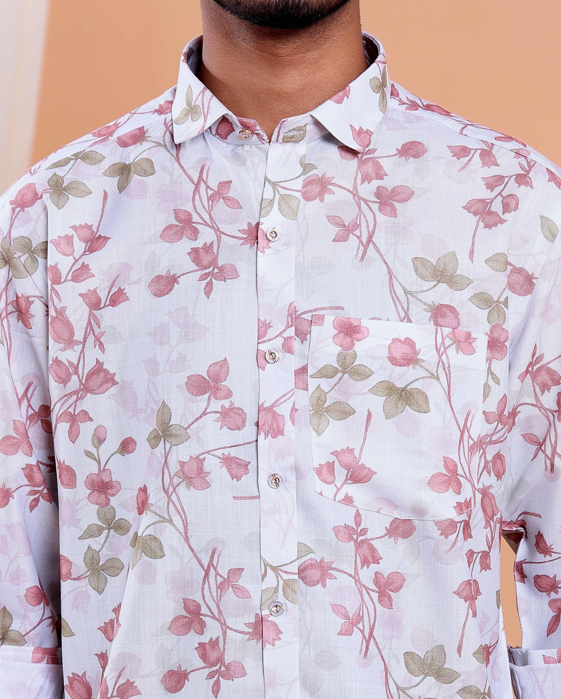 Men’s Linen Valley Casual Full Sleeve Floral Print Shirt - White