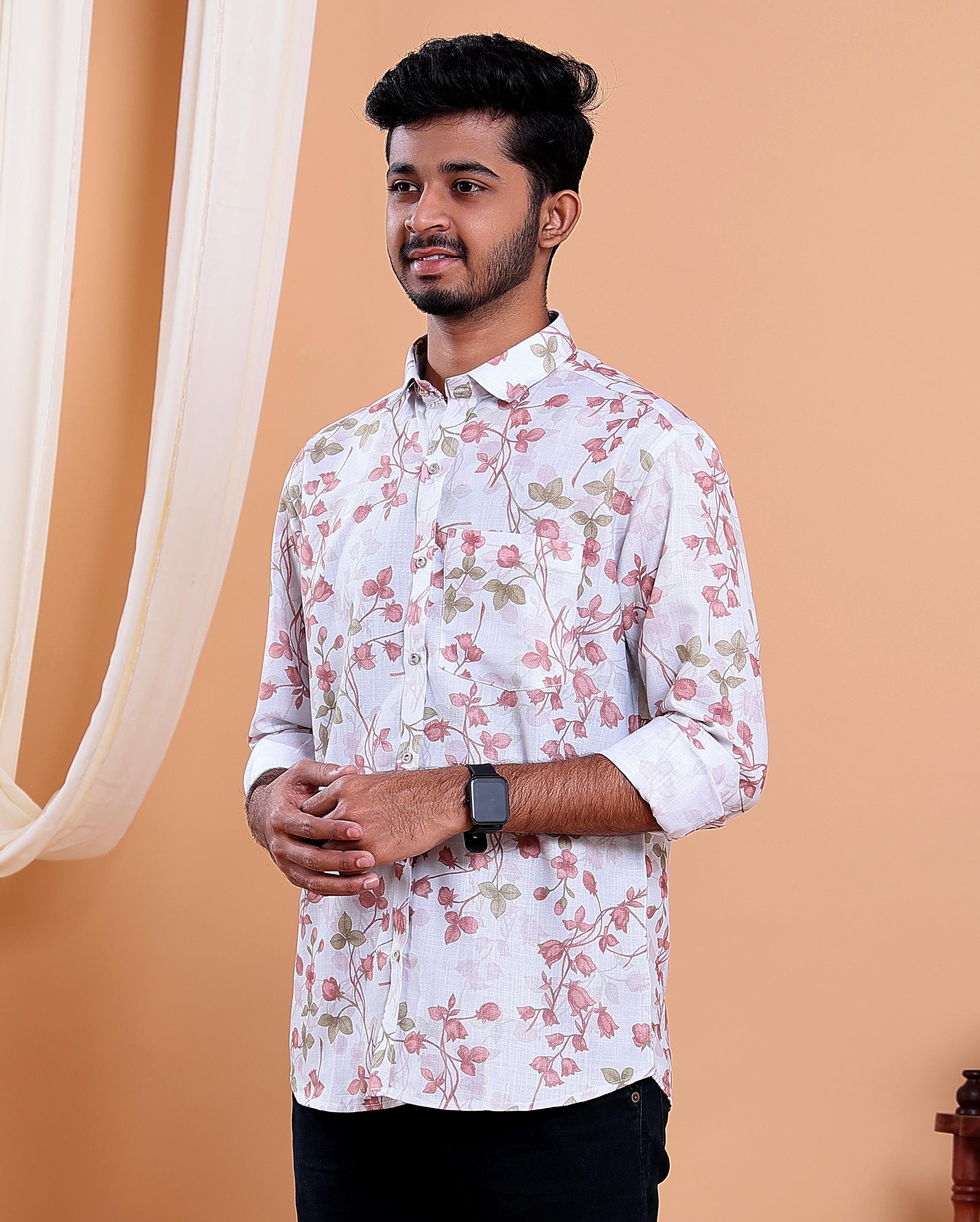Men’s Linen Valley Casual Full Sleeve Floral Print Shirt - White
