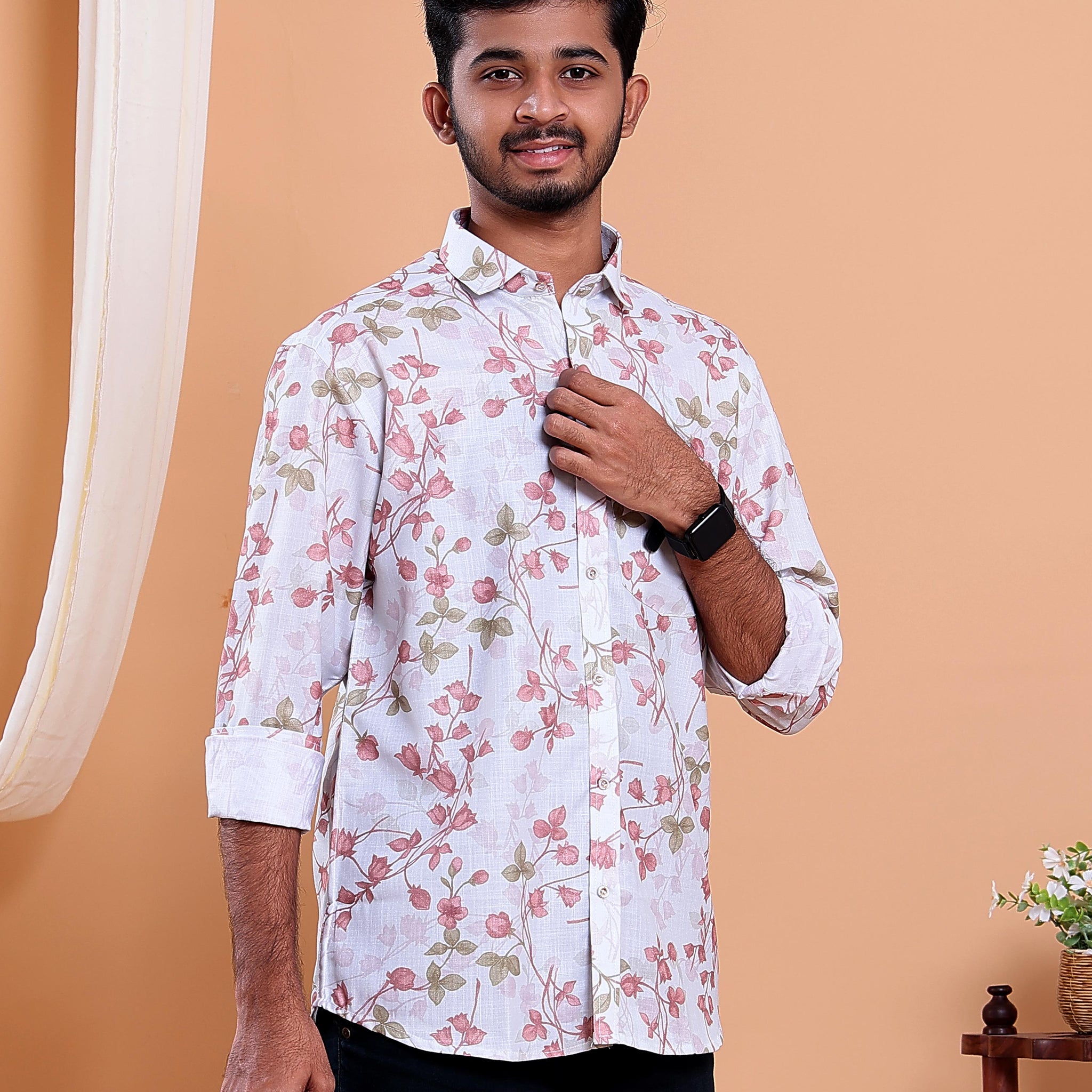 Men’s Linen Valley Casual Full Sleeve Floral Print Shirt - White