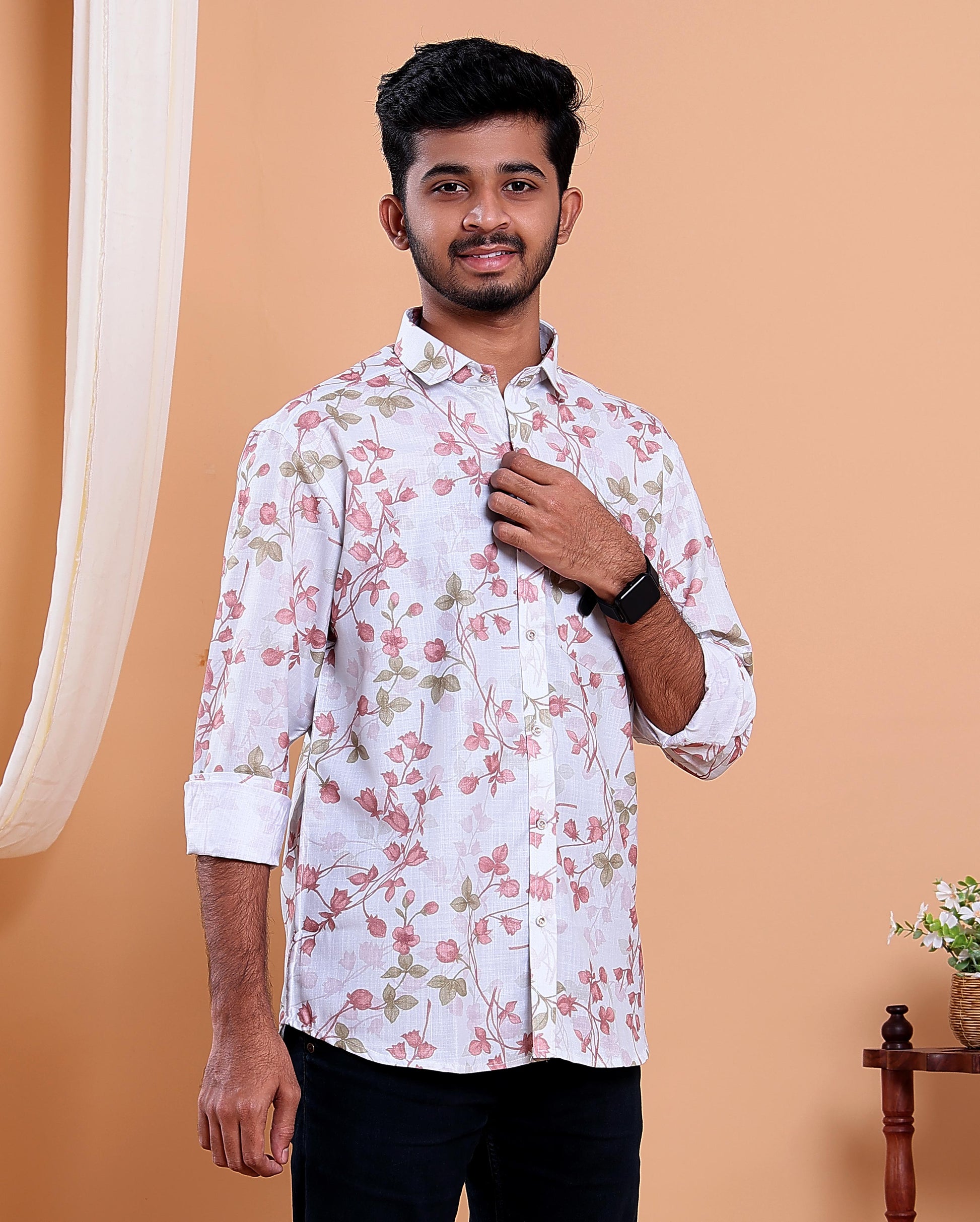 Men’s Linen Valley Casual Full Sleeve Floral Print Shirt - White