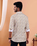 Men’s Linen Valley Casual Full Sleeve Floral Printed Button Down Shirt - Off White
