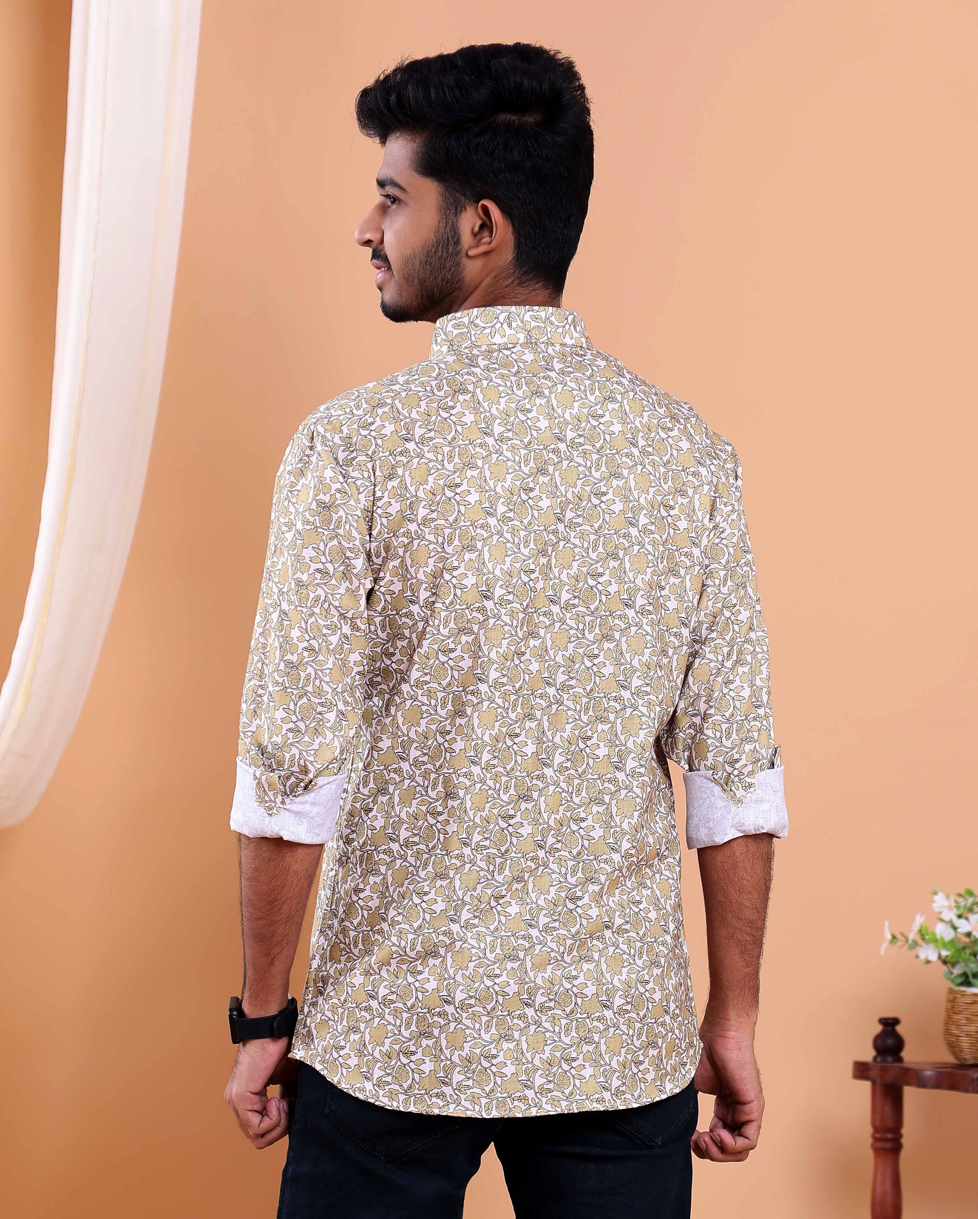 Men’s Linen Valley Casual Full Sleeve Floral Printed Button Down Shirt - Off White