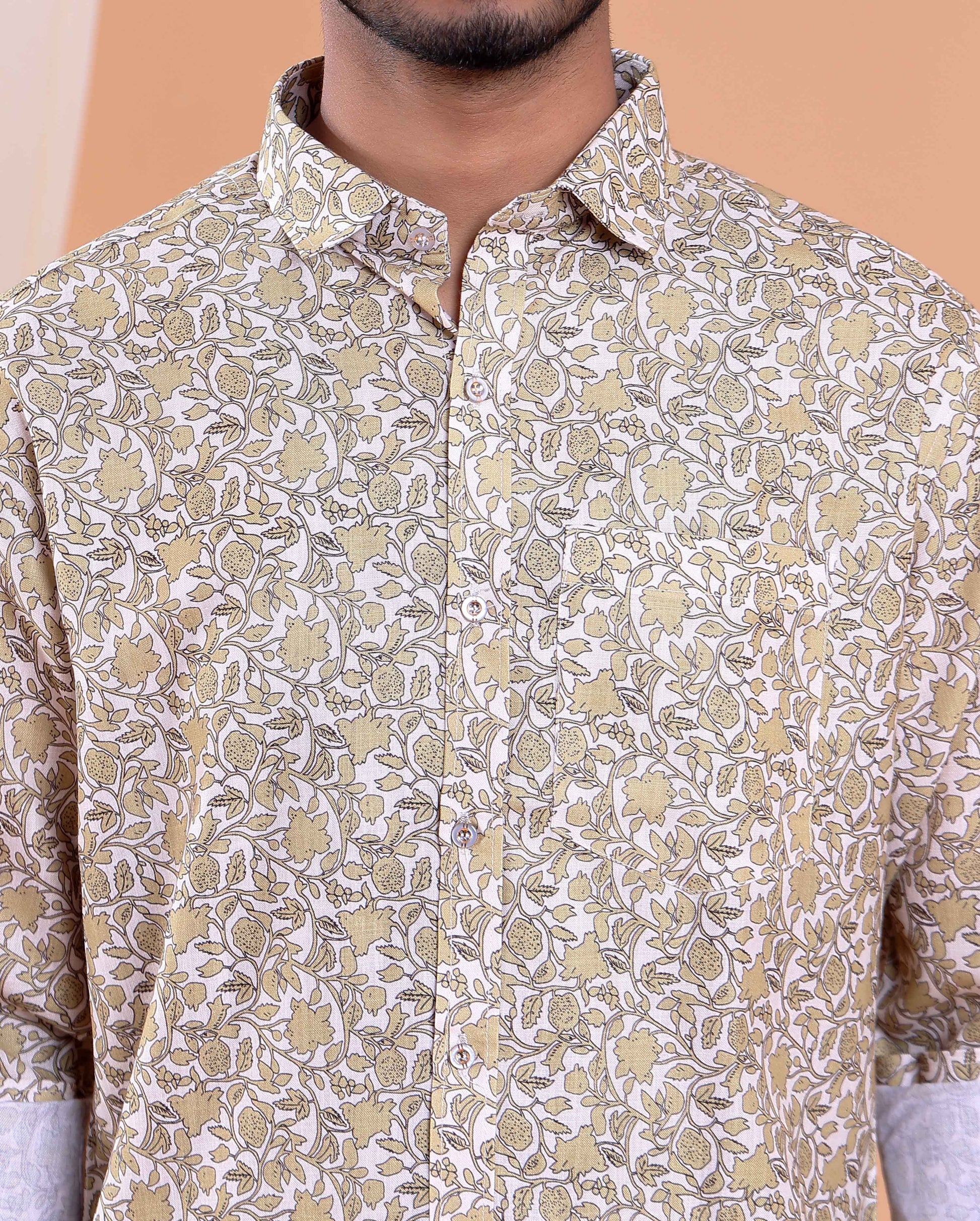 Men’s Linen Valley Casual Full Sleeve Floral Printed Button Down Shirt - Off White