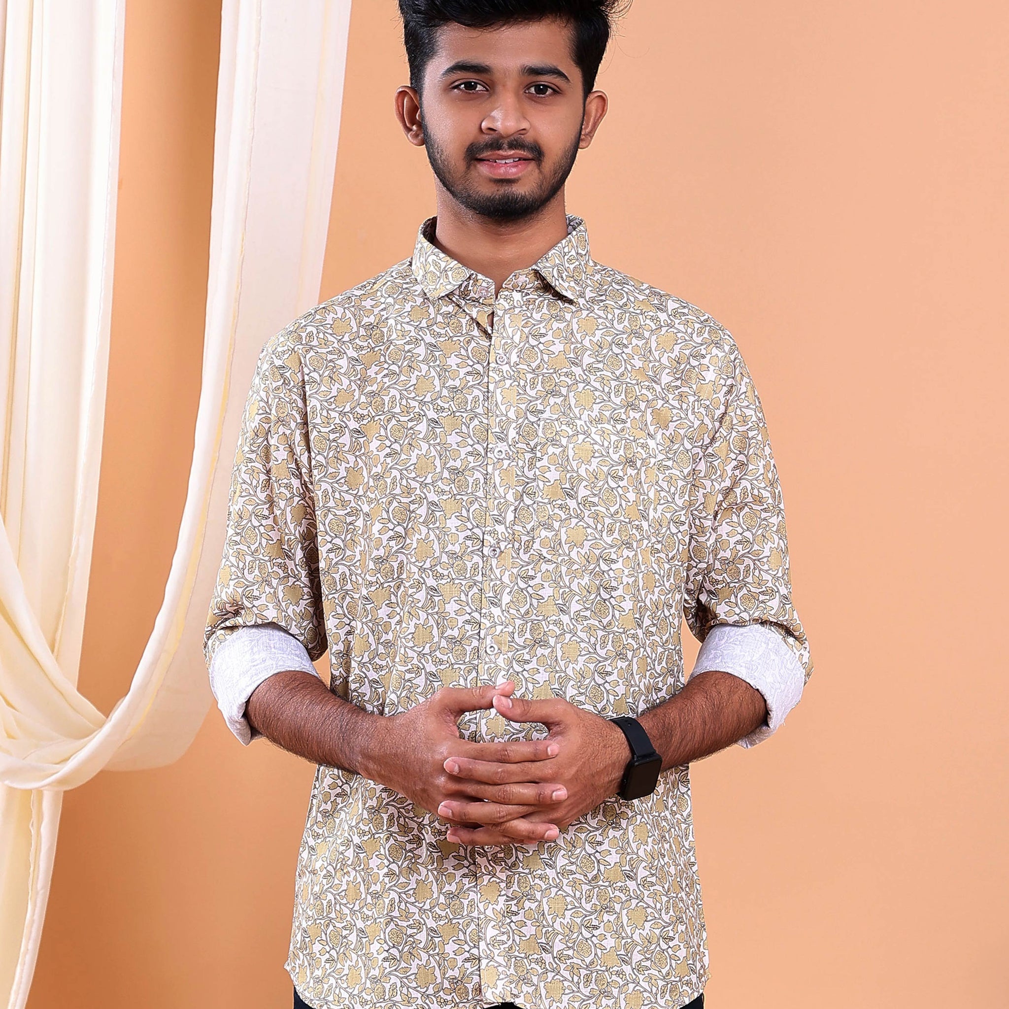 Men’s Linen Valley Casual Full Sleeve Floral Printed Button Down Shirt - Off White