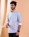 Men’s Linen Valley Casual Full Sleeve Geometric Printed Button Down Shirt - Light Blue