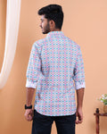 Men’s Linen Valley Casual Full Sleeve Geometric Printed Button Down Shirt - Light Blue