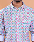 Men’s Linen Valley Casual Full Sleeve Geometric Printed Button Down Shirt - Light Blue