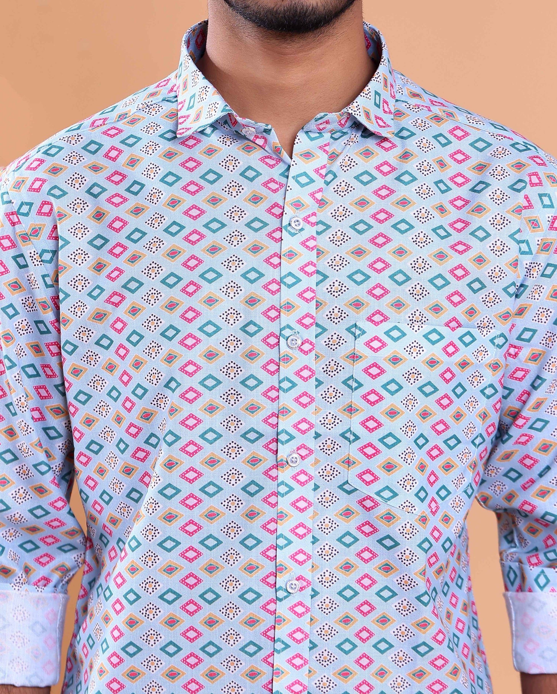 Men’s Linen Valley Casual Full Sleeve Geometric Printed Button Down Shirt - Light Blue