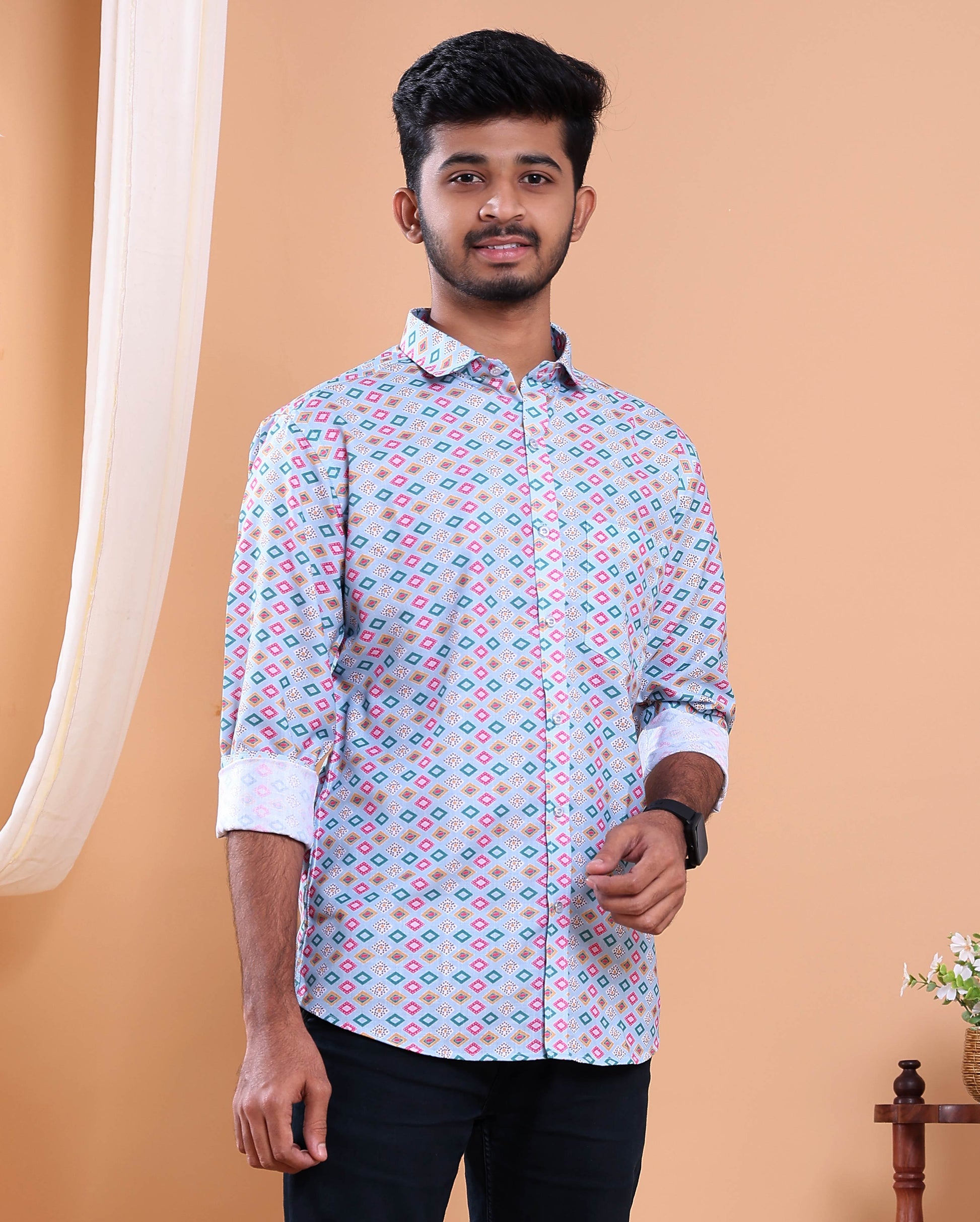 Men’s Linen Valley Casual Full Sleeve Geometric Printed Button Down Shirt - Light Blue