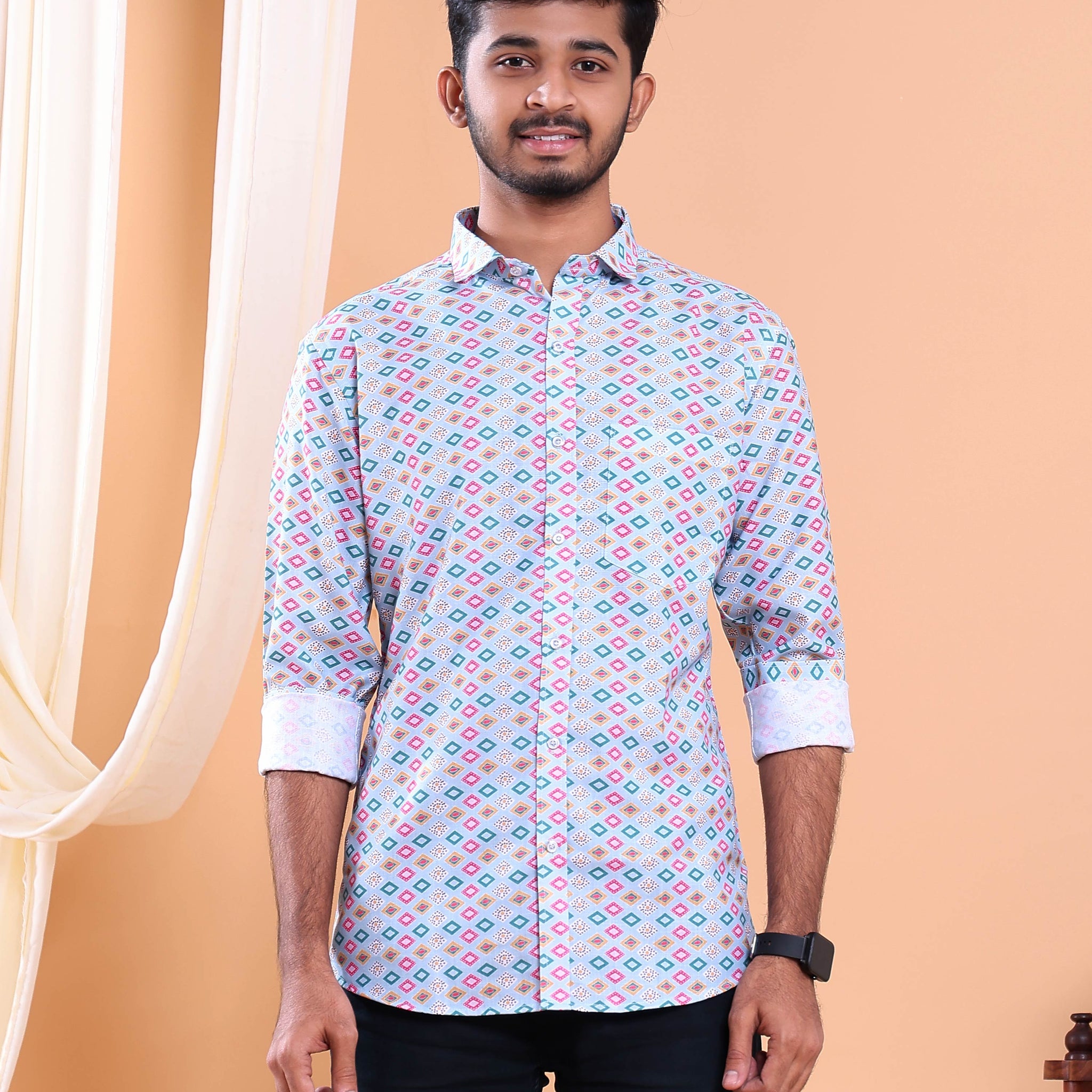 Men’s Linen Valley Casual Full Sleeve Geometric Printed Button Down Shirt - Light Blue