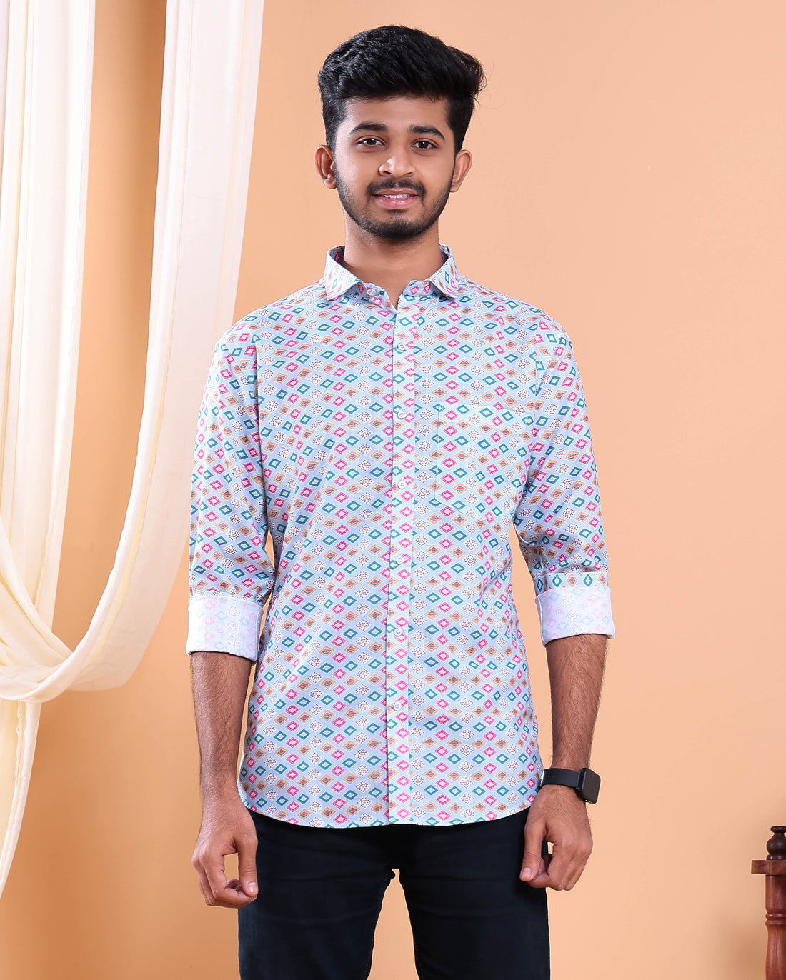 Men’s Linen Valley Casual Full Sleeve Geometric Printed Button Down Shirt - Light Blue