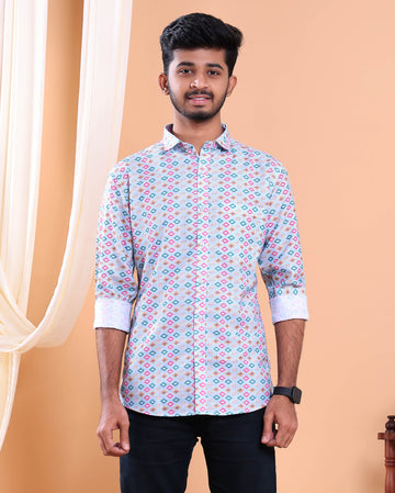 Men’s Linen Valley Casual Full Sleeve Geometric Printed Button Down Shirt - Light Blue