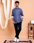 Men’s Linen Valley Casual Full Sleeve Printed Button Down Shirt - Dark Blue