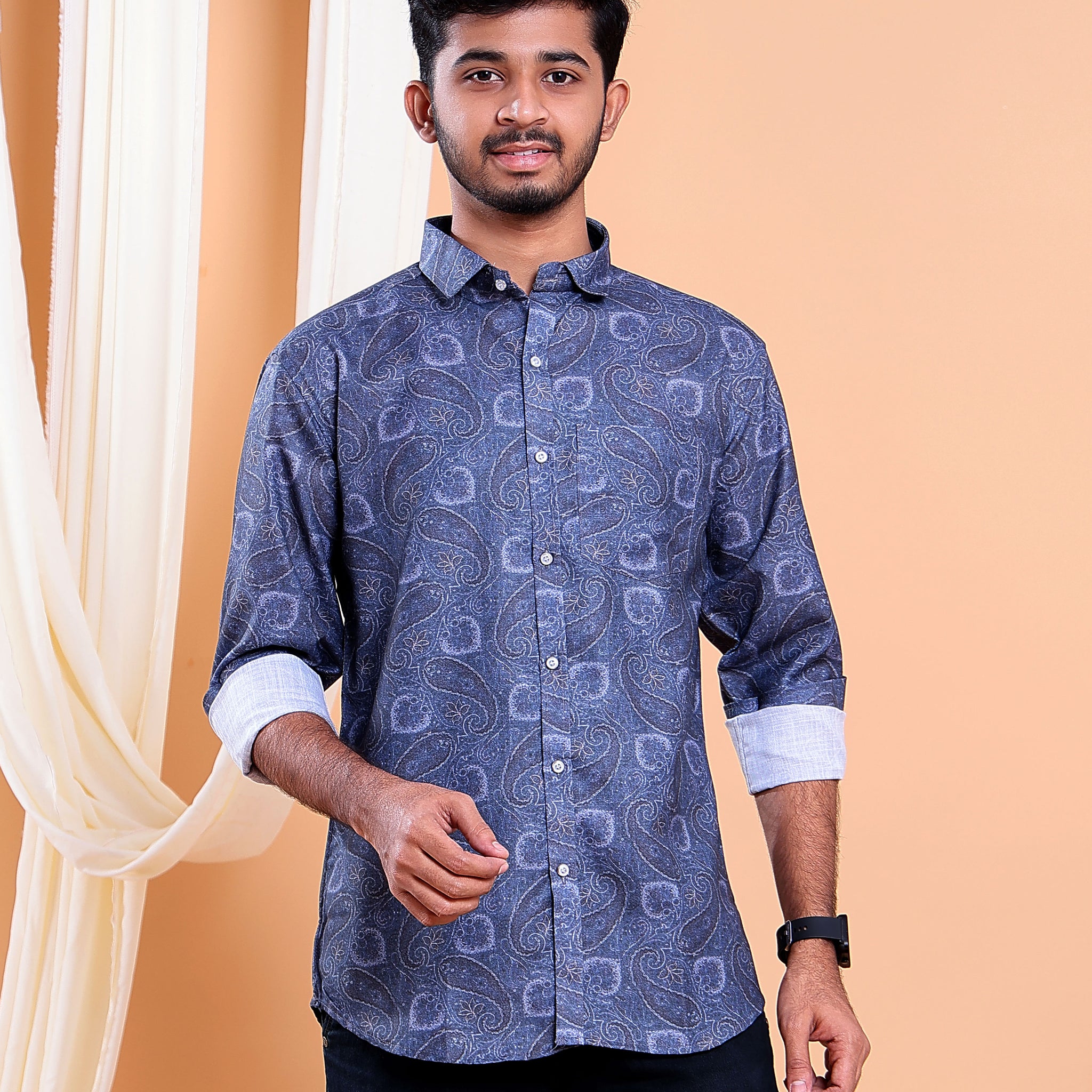 Men’s Linen Valley Casual Full Sleeve Printed Button Down Shirt - Dark Blue