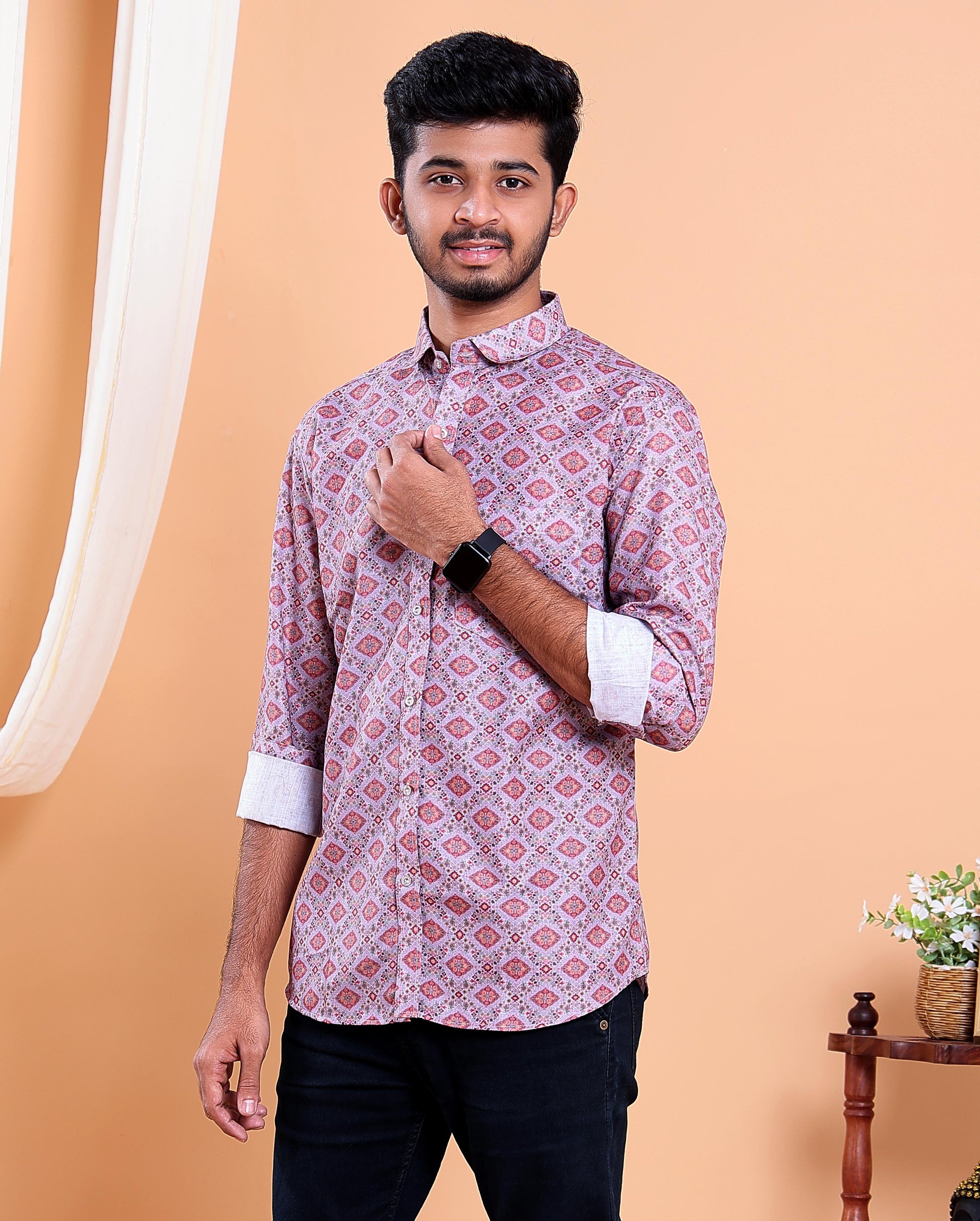 Men’s Linen Valley Casual Full Sleeve Printed Button Down Shirt - Multi