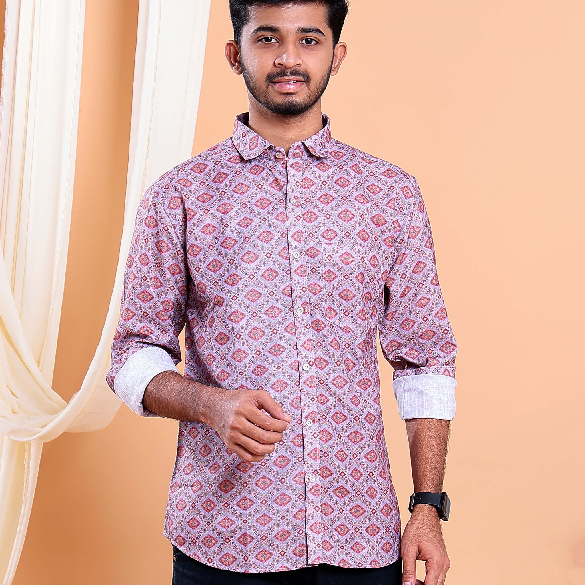 Men’s Linen Valley Casual Full Sleeve Printed Button Down Shirt - Multi
