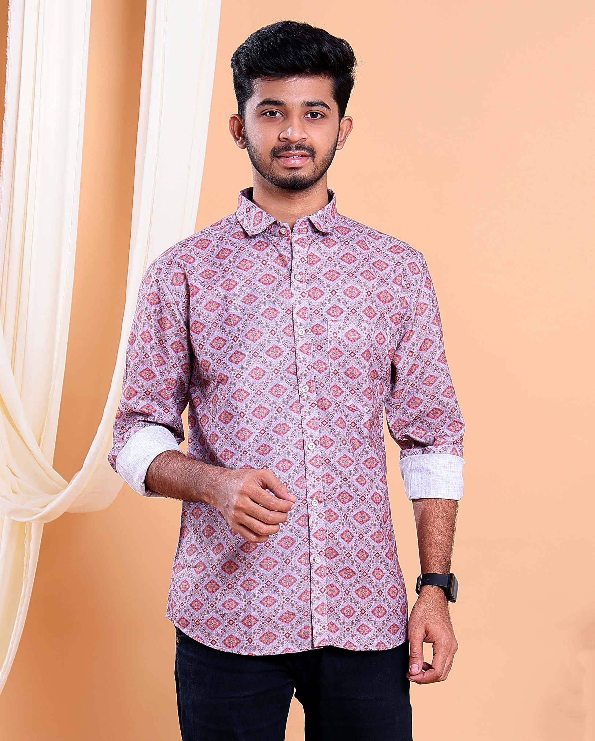 Men’s Linen Valley Casual Full Sleeve Printed Button Down Shirt - Multi