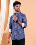 Men’s Linen Valley Casual Full Sleeve Printed Button Down Shirt - Dark Blue