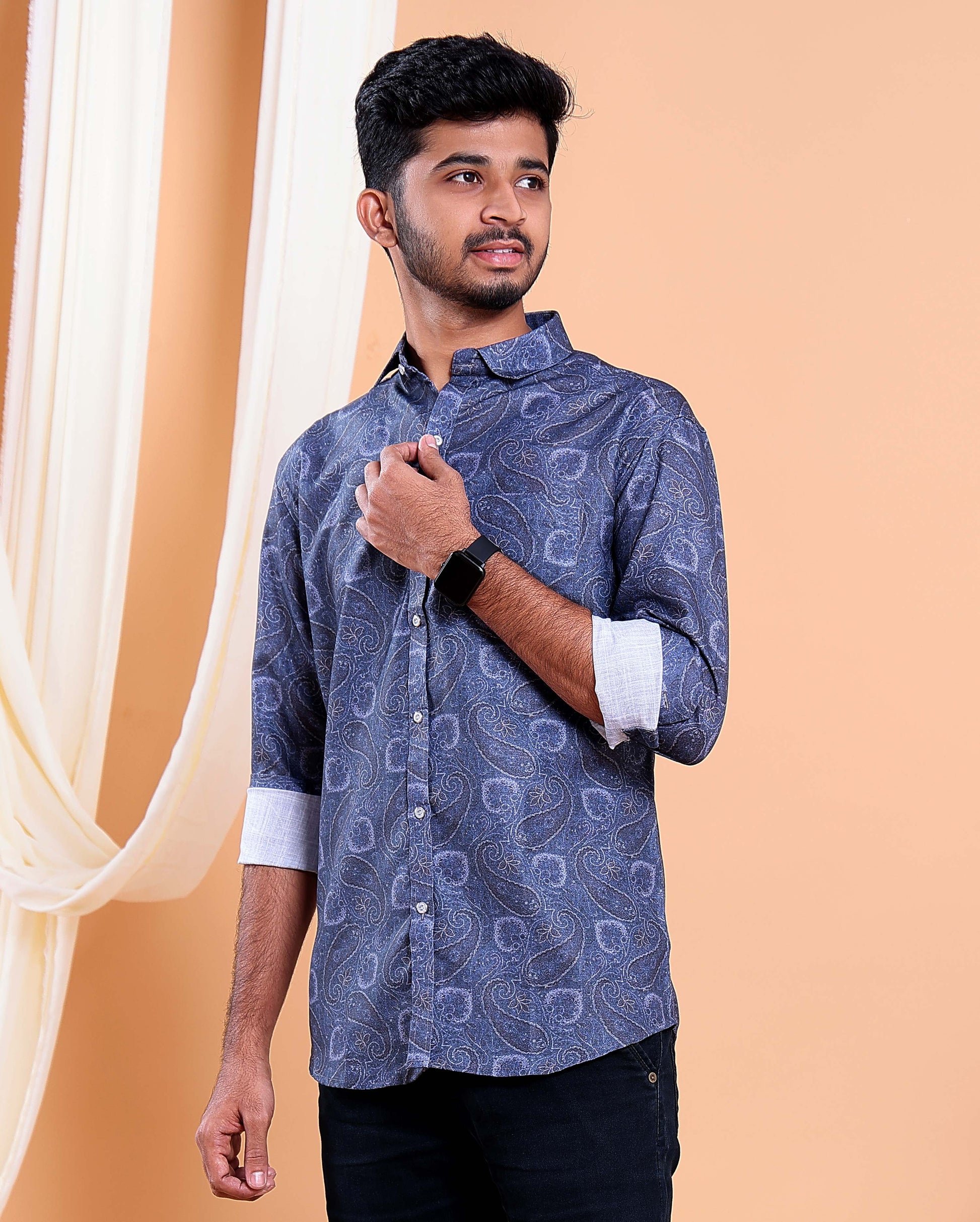 Men’s Linen Valley Casual Full Sleeve Printed Button Down Shirt - Dark Blue