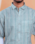 Men’s Linen Valley Chevron Pattern Casual Full Sleeve Shirt - Green