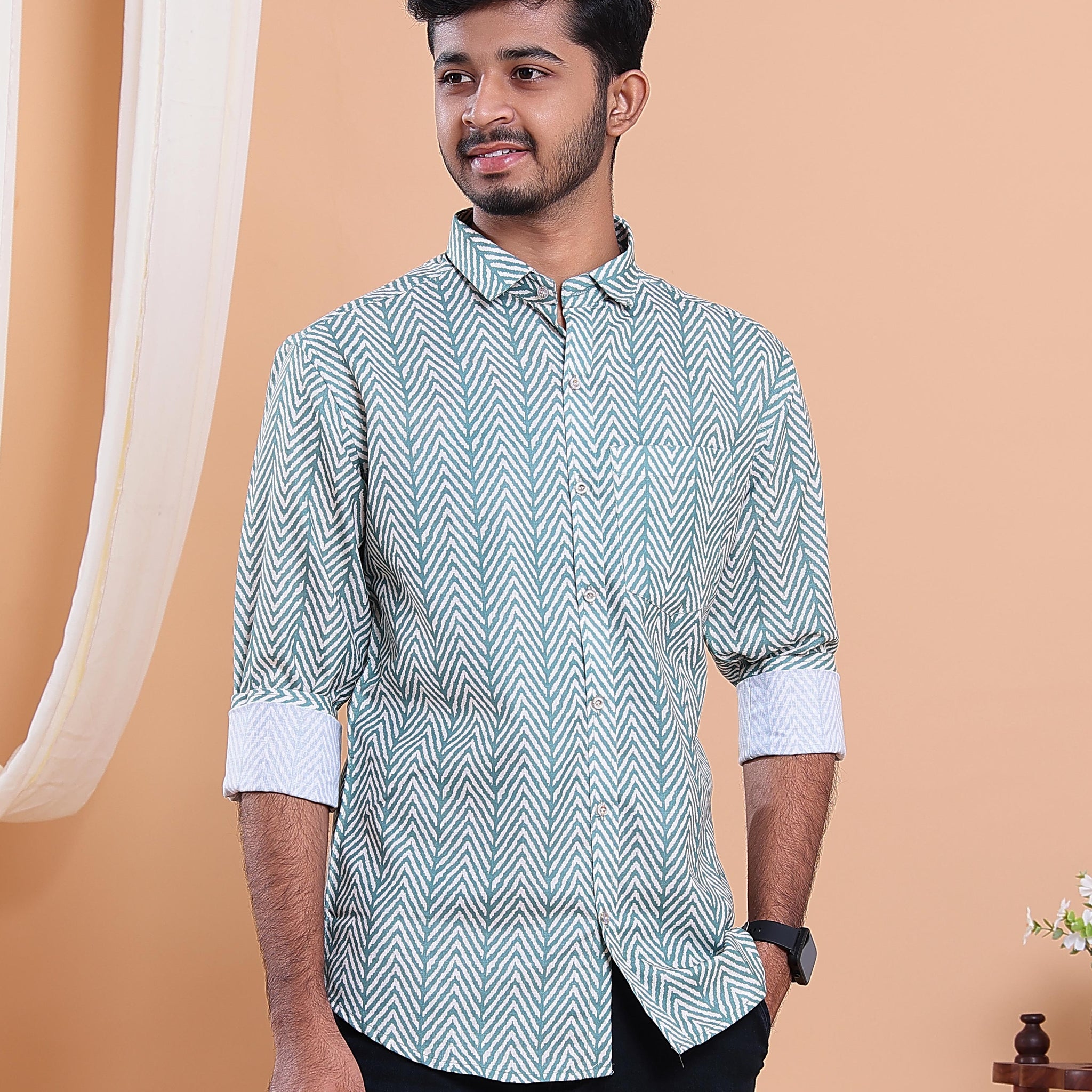 Men’s Linen Valley Chevron Pattern Casual Full Sleeve Shirt - Green