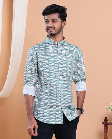 Men’s Linen Valley Chevron Pattern Casual Full Sleeve Shirt - Green