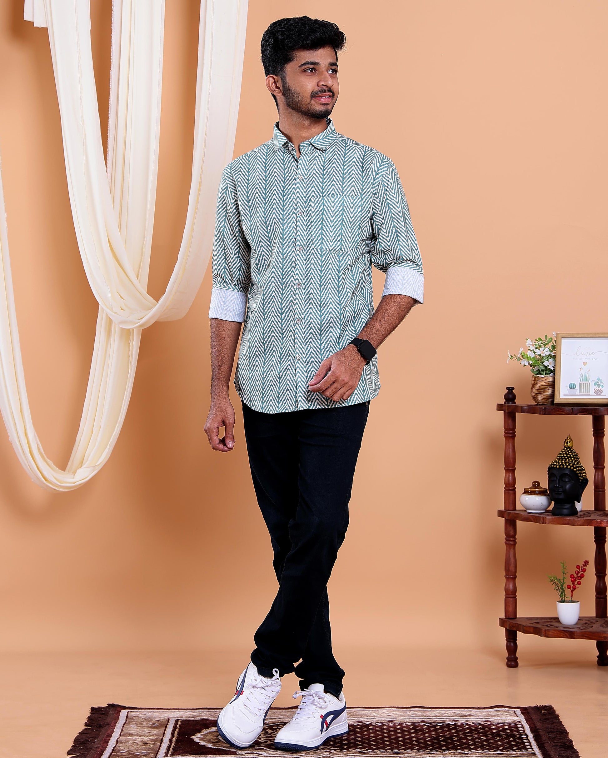 Men’s Linen Valley Chevron Pattern Casual Full Sleeve Shirt - Green