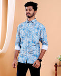 Men’s Linen Valley Floral Printed Casual Full Sleeve Shirt - Blue