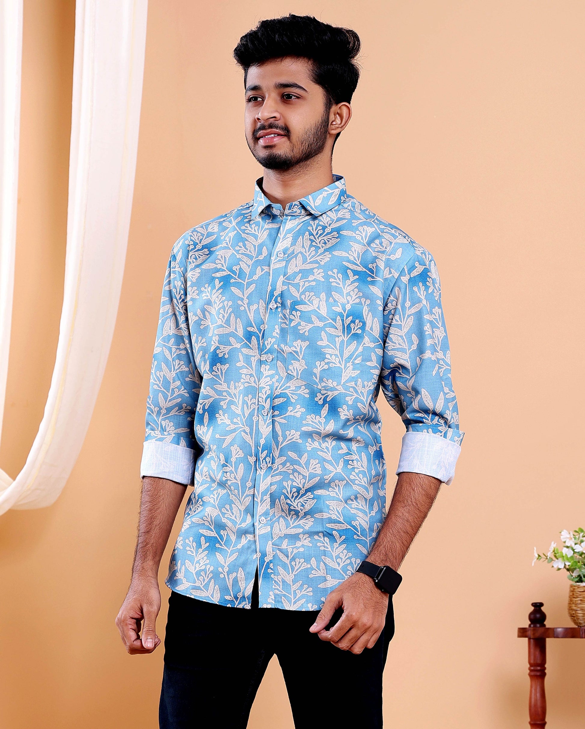 Men’s Linen Valley Floral Printed Casual Full Sleeve Shirt - Blue