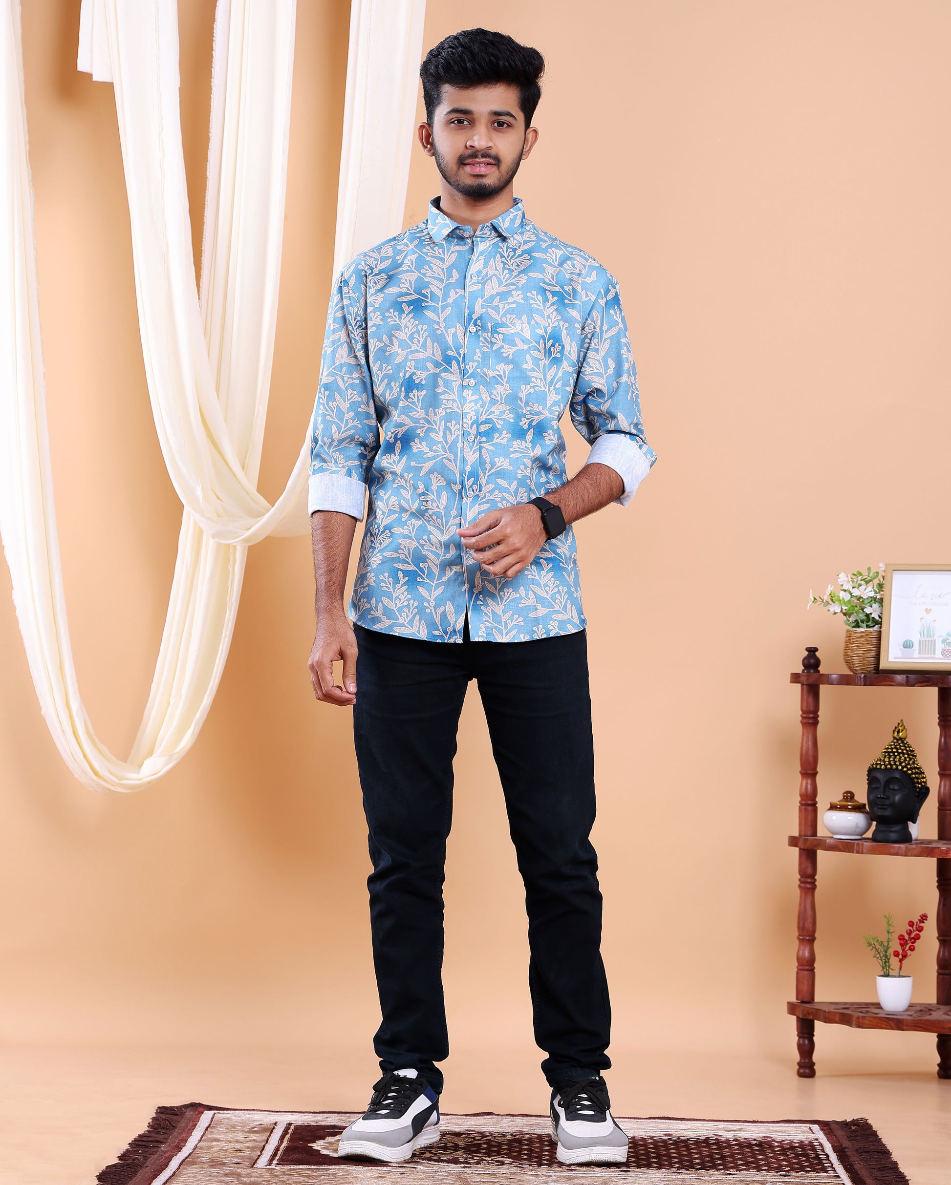 Men’s Linen Valley Floral Printed Casual Full Sleeve Shirt - Blue