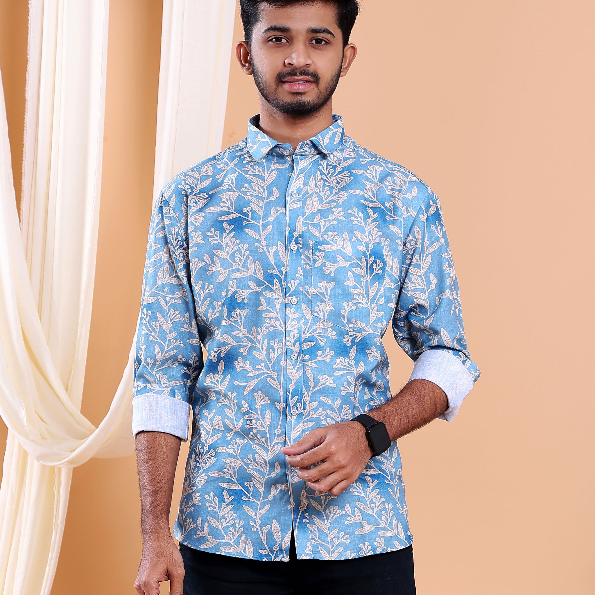 Men’s Linen Valley Floral Printed Casual Full Sleeve Shirt - Blue