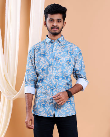 Men’s Linen Valley Floral Printed Casual Full Sleeve Shirt - Blue