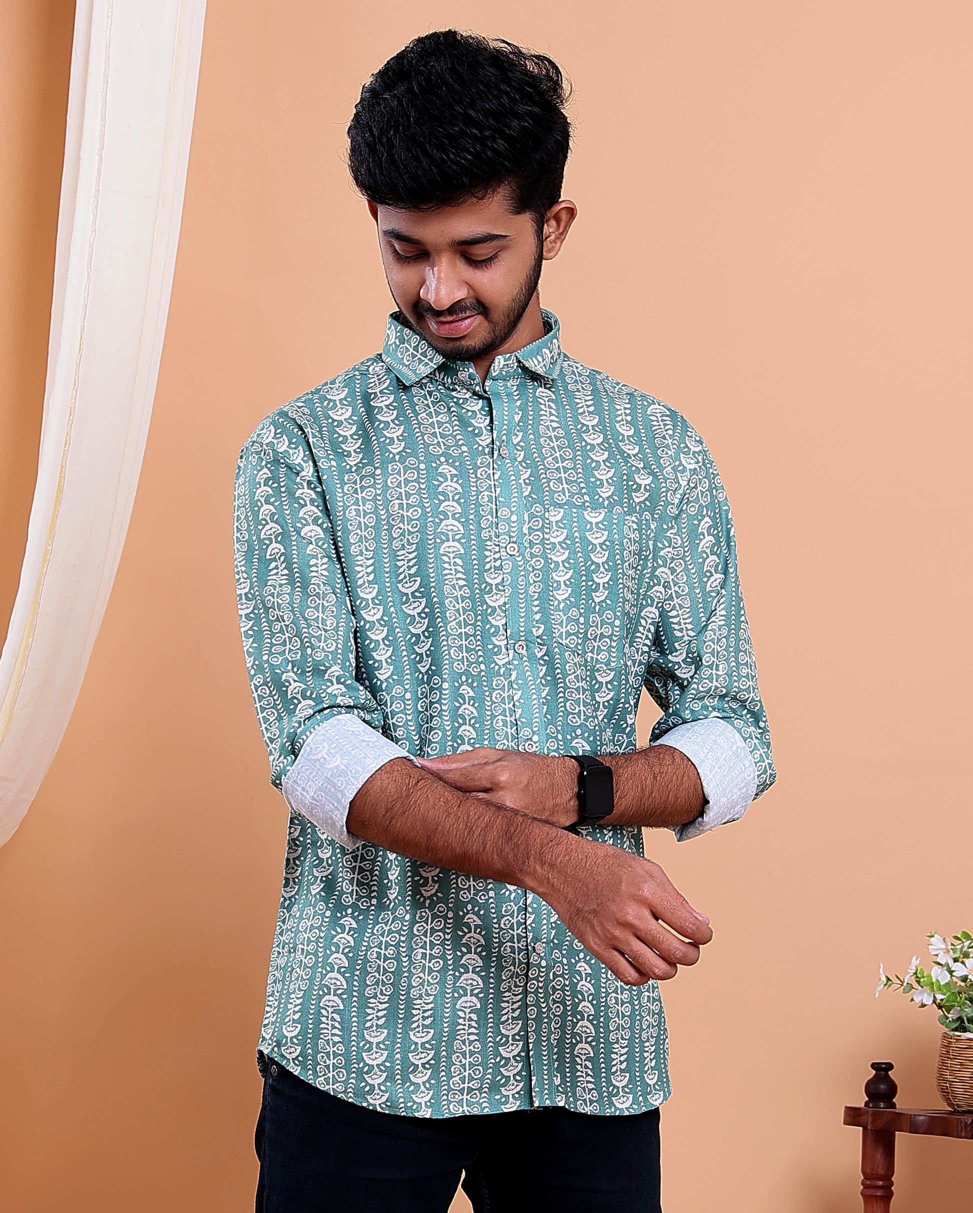 Men’s Linen Valley Hand Printed Intricate Geometric Pattern Casual Full Sleeve Shirt - Green