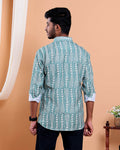 Men’s Linen Valley Hand Printed Intricate Geometric Pattern Casual Full Sleeve Shirt - Green