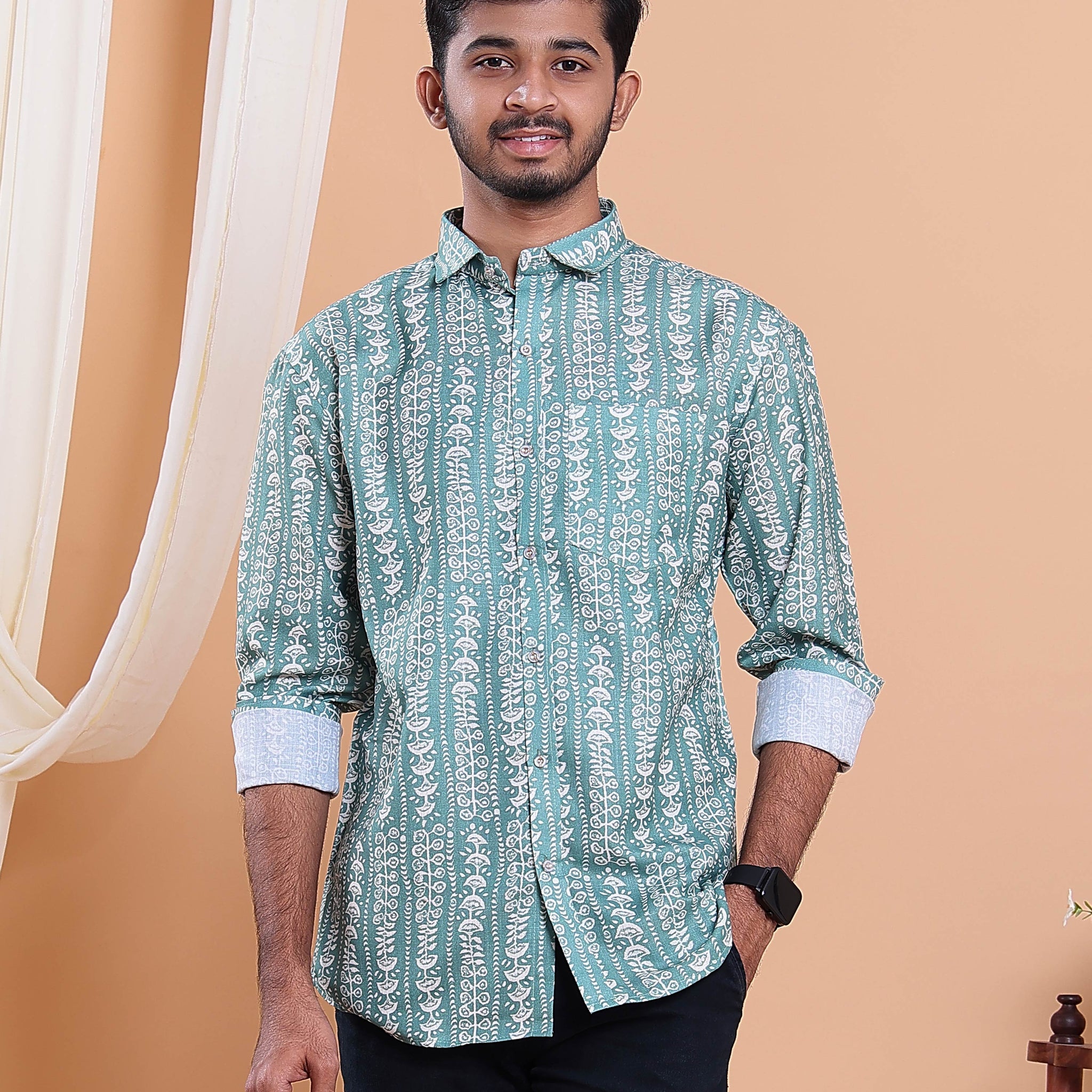 Men’s Linen Valley Hand Printed Intricate Geometric Pattern Casual Full Sleeve Shirt - Green
