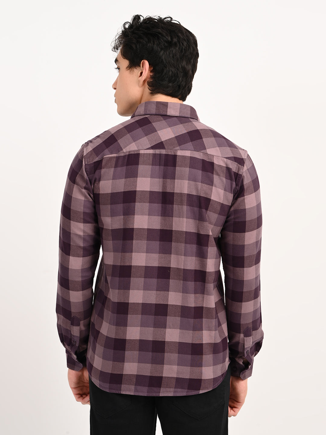 Men’s Native Bull Checked Full Sleeve Casual Shirt with Button Down Collar - Purple
