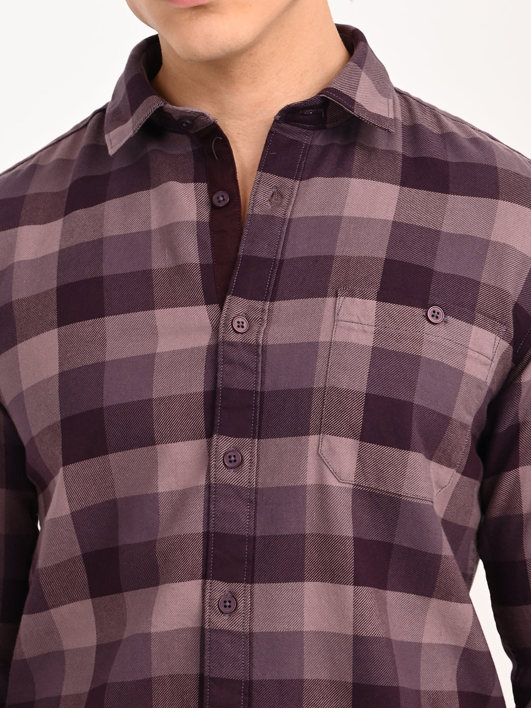 Men’s Native Bull Checked Full Sleeve Casual Shirt with Button Down Collar - Purple
