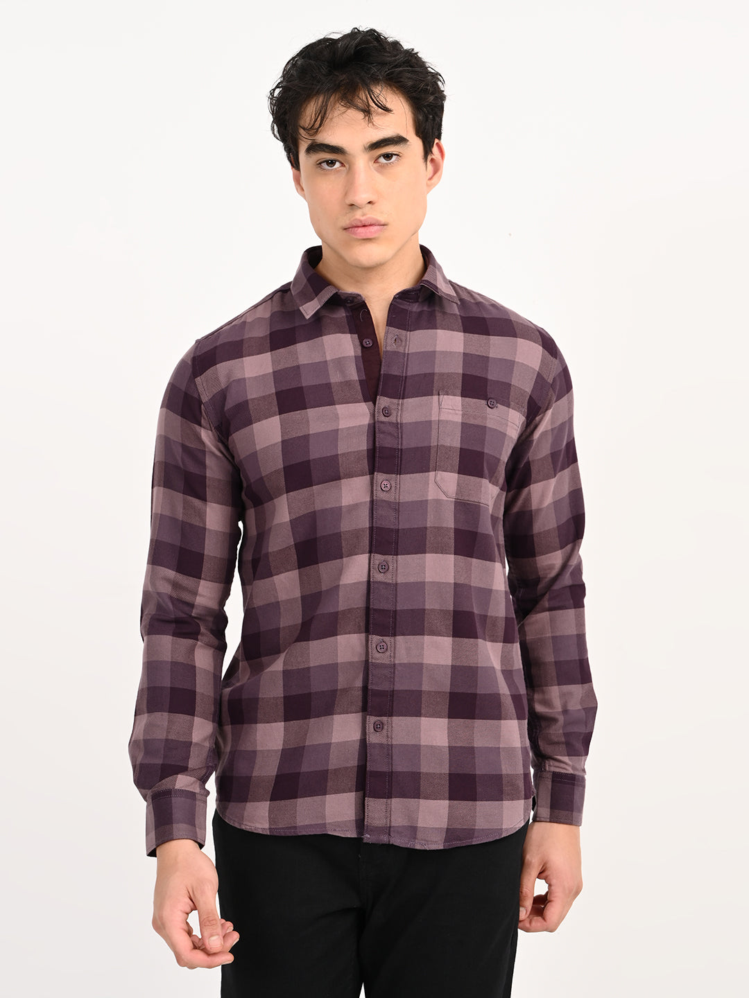 Men’s Native Bull Checked Full Sleeve Casual Shirt with Button Down Collar - Purple