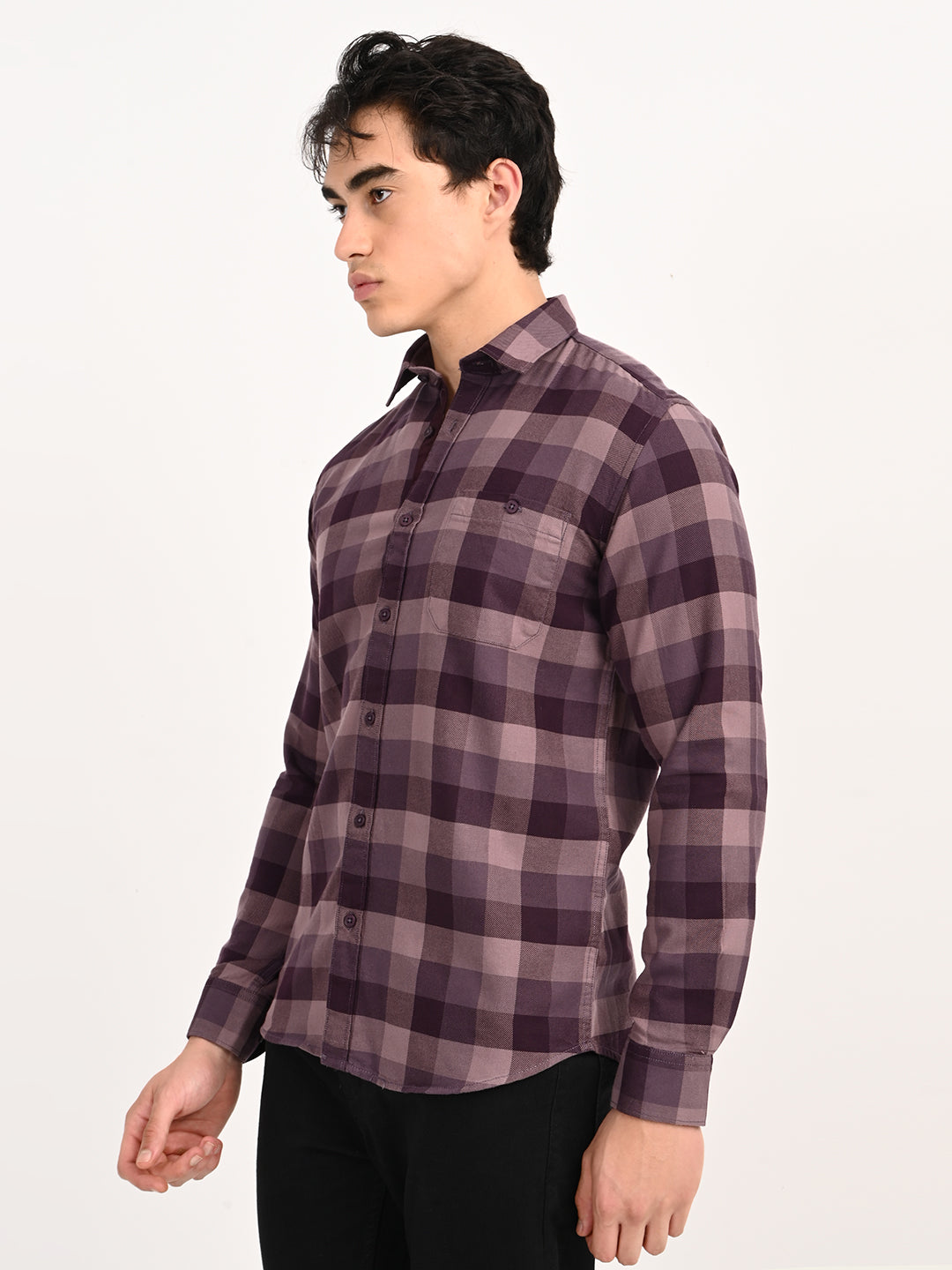 Men’s Native Bull Checked Full Sleeve Casual Shirt with Button Down Collar - Purple