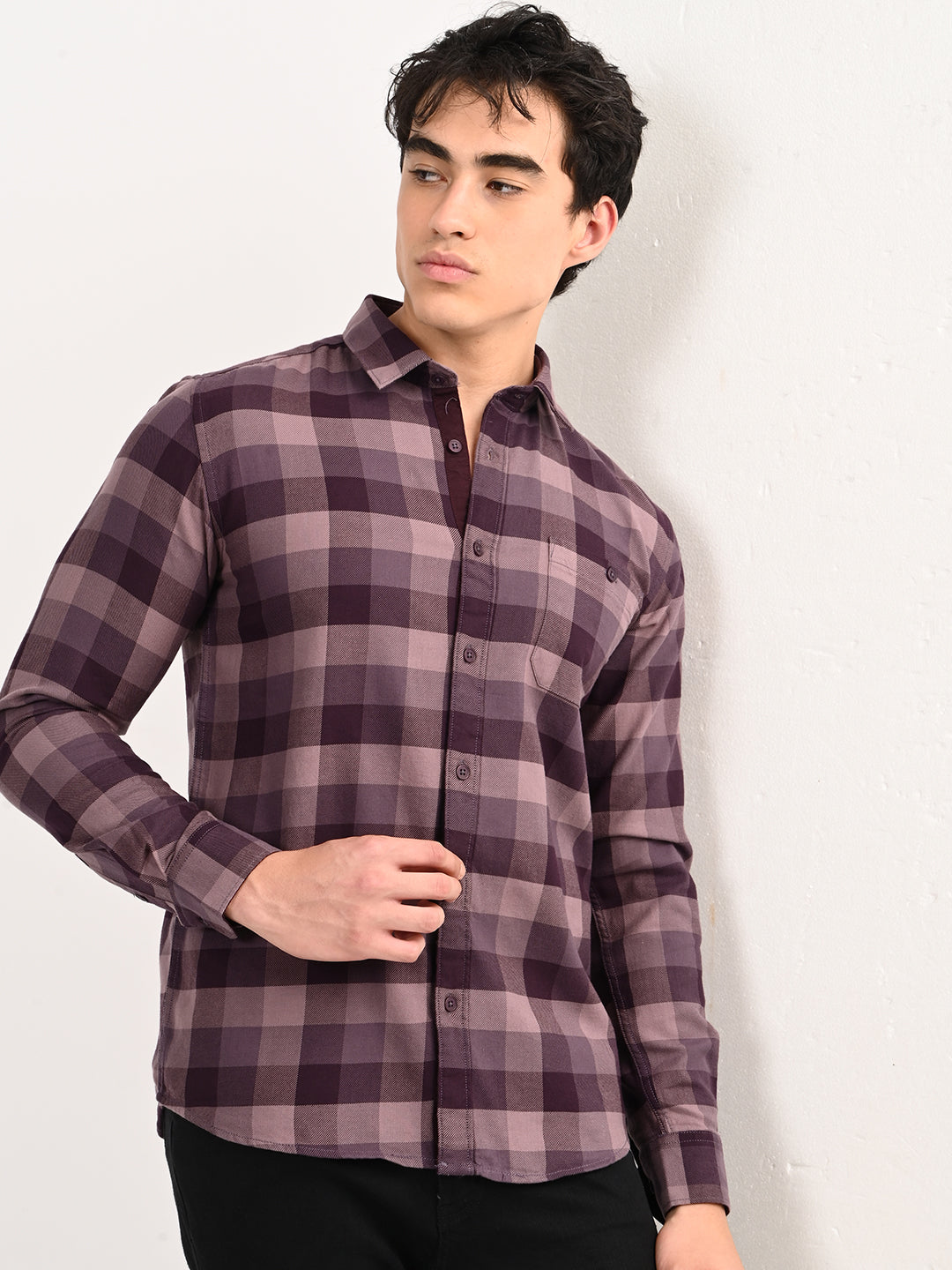 Men’s Native Bull Checked Full Sleeve Casual Shirt with Button Down Collar - Purple