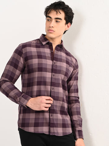 Men’s Native Bull Checked Full Sleeve Casual Shirt with Button Down Collar - Purple