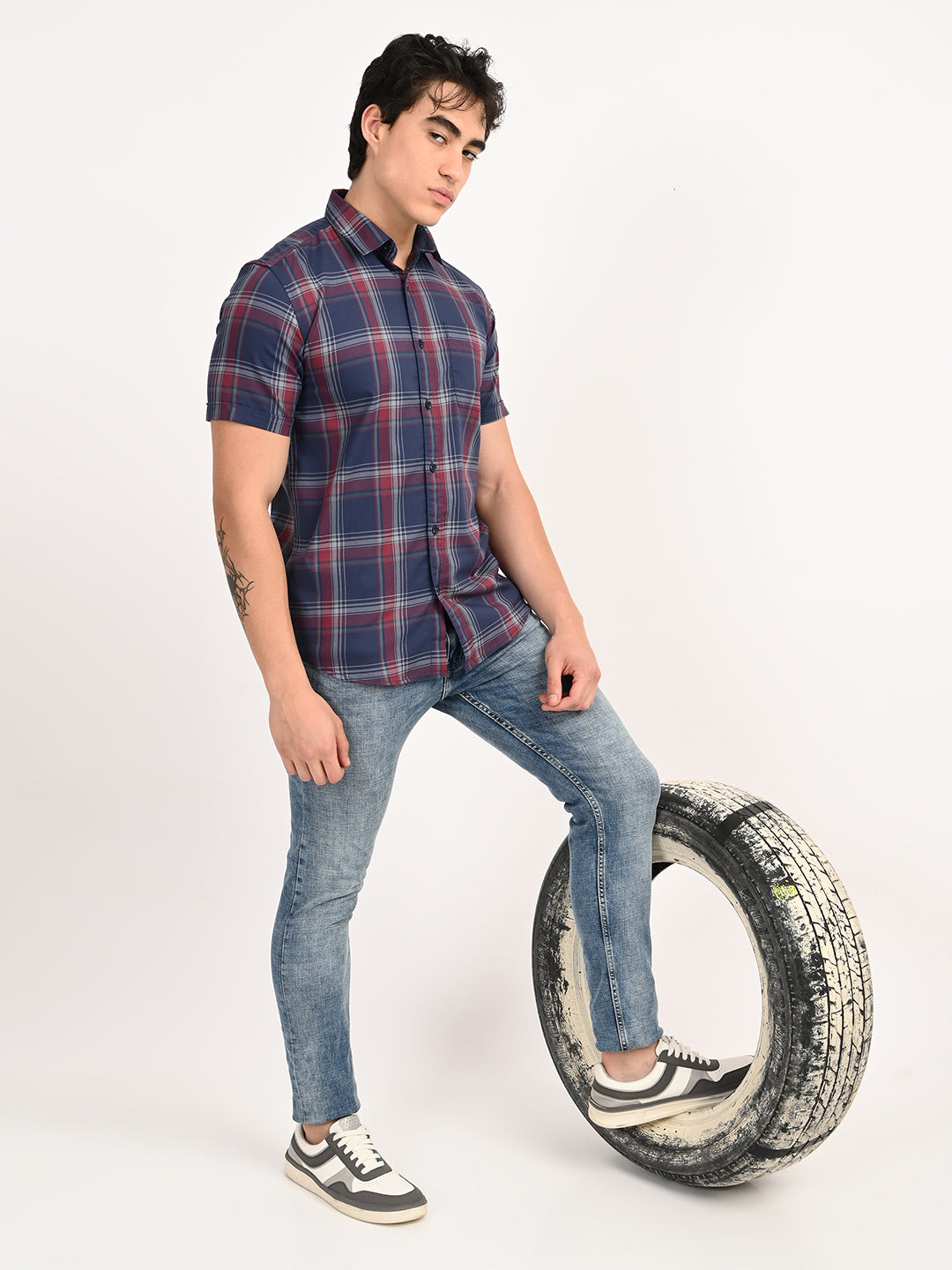 Men’s Native Bull Checked Half Sleeve Casual Shirt with Button Down Collar - Blue