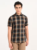 Men’s Native Bull Checked Half Sleeve Casual Shirt with Button Down Collar - Black