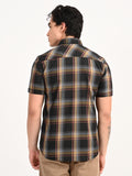 Men’s Native Bull Checked Half Sleeve Casual Shirt with Button Down Collar - Black