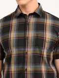 Men’s Native Bull Checked Half Sleeve Casual Shirt with Button Down Collar - Black