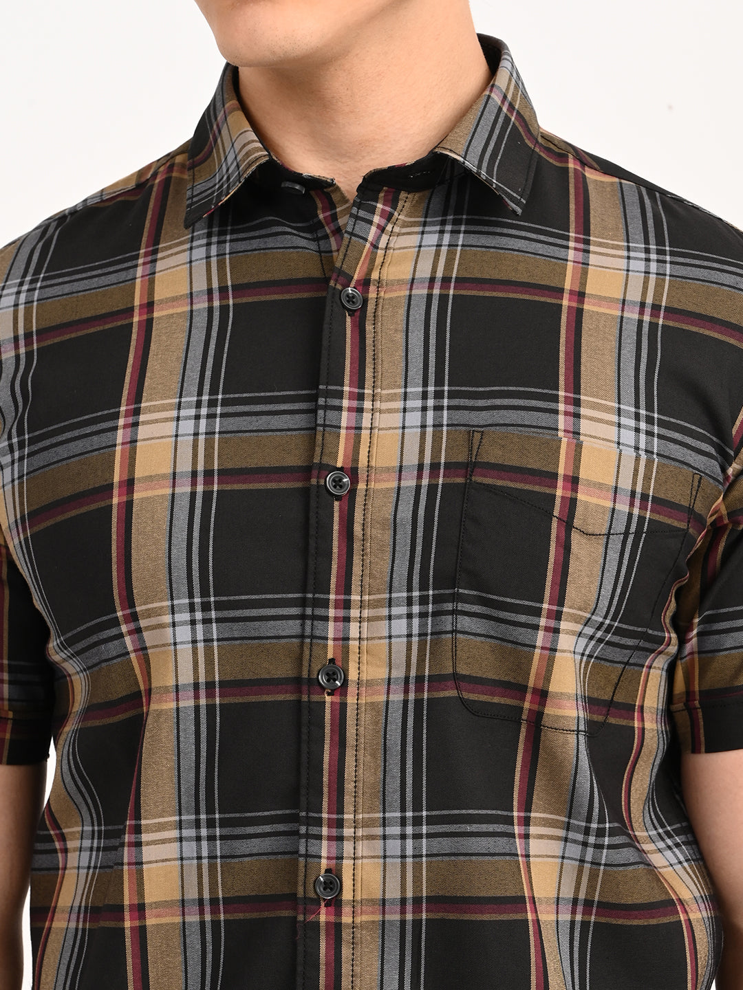 Men’s Native Bull Checked Half Sleeve Casual Shirt with Button Down Collar - Black