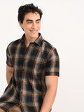 Men’s Native Bull Checked Half Sleeve Casual Shirt with Button Down Collar - Black