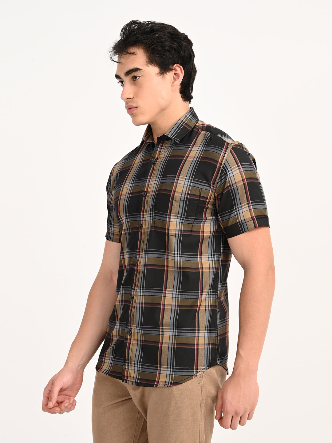 Men’s Native Bull Checked Half Sleeve Casual Shirt with Button Down Collar - Black