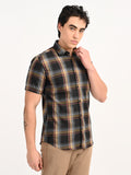 Men’s Native Bull Checked Half Sleeve Casual Shirt with Button Down Collar - Black
