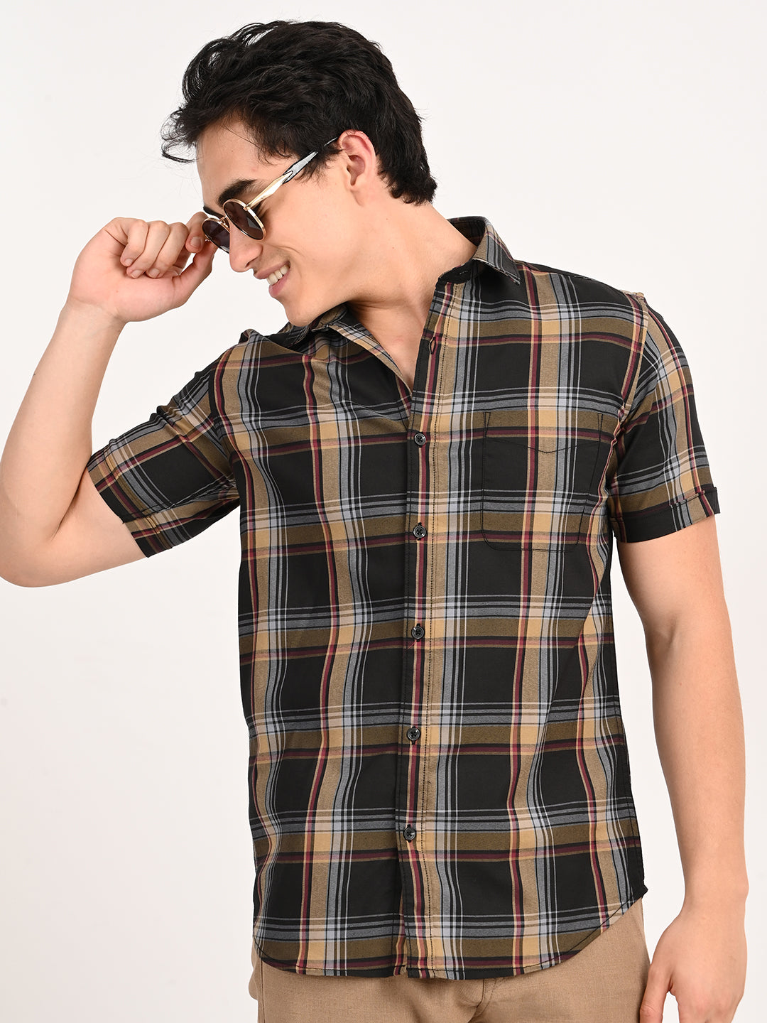 Men’s Native Bull Checked Half Sleeve Casual Shirt with Button Down Collar - Black